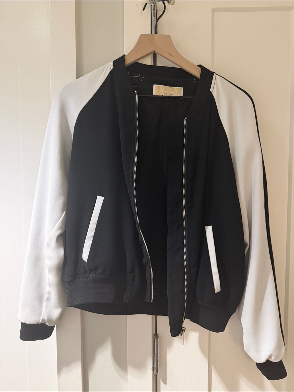 Michael Kors Black and White Colorblock Bomber Jacket